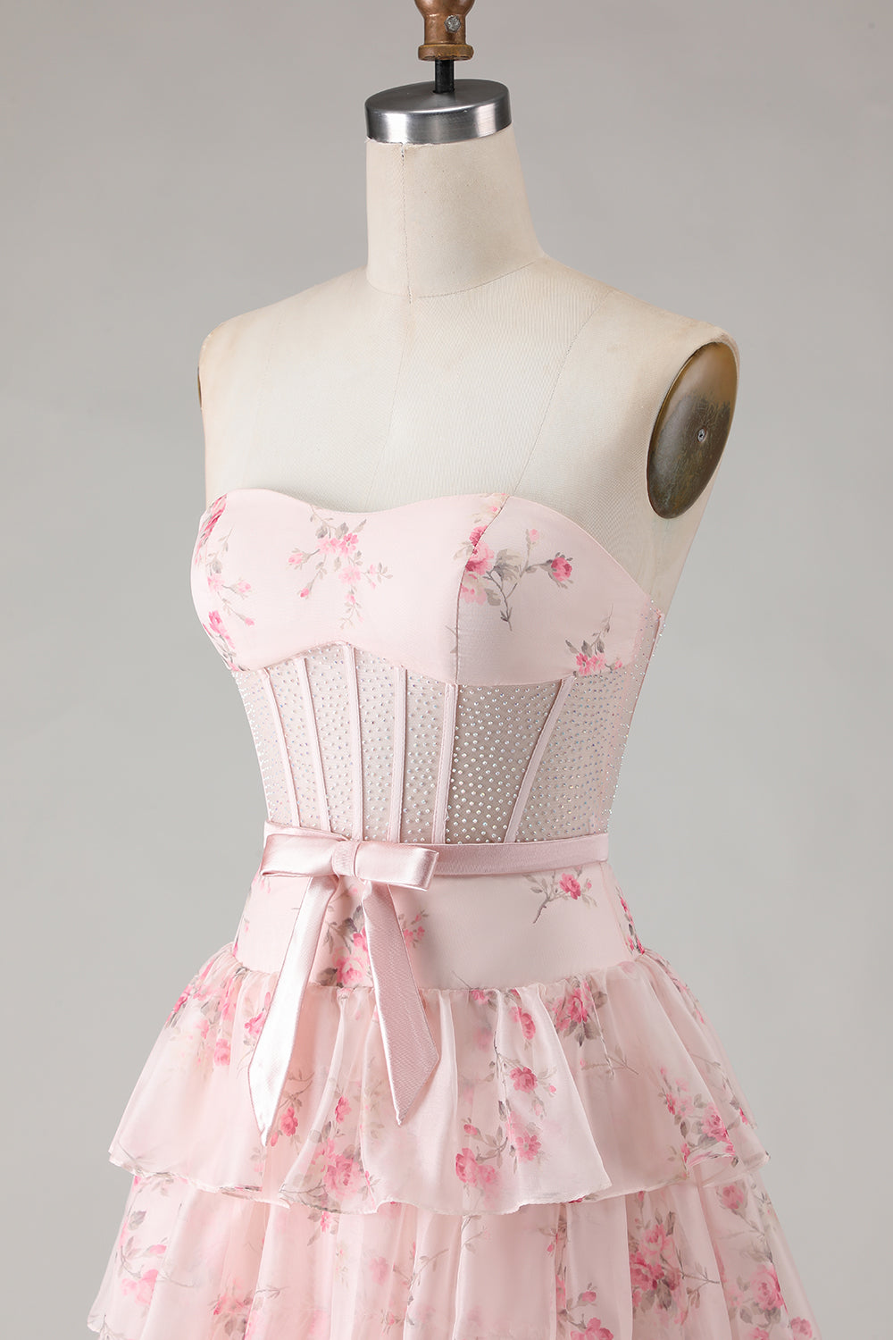 Strapless Pink Floral Corset A-Line Prom Dress With Ruffles