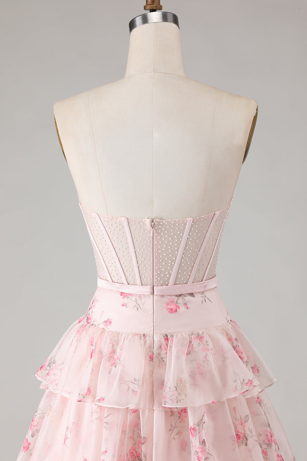 Champagne Orange Floral Corset A Line Strapless Prom Dress