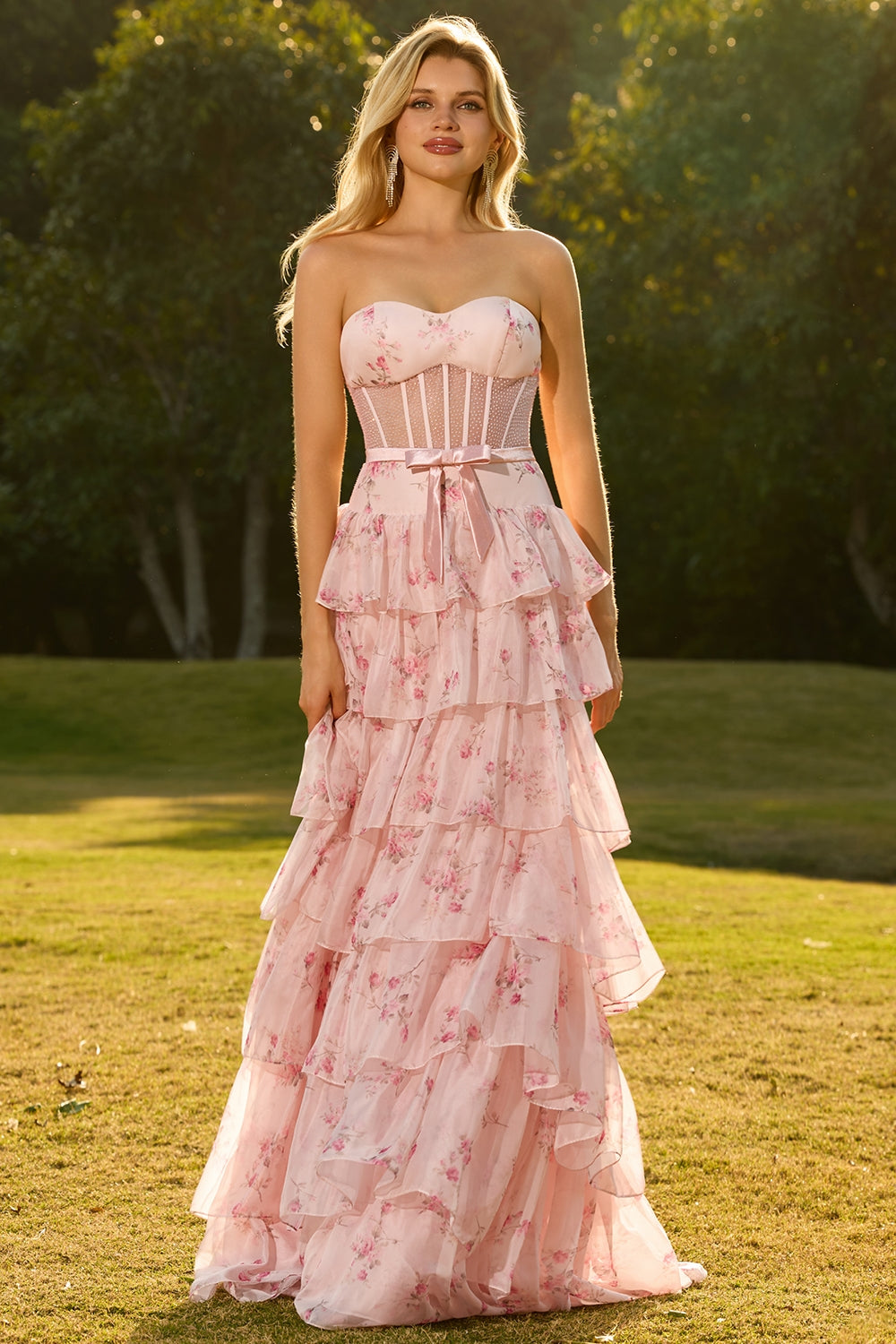 Strapless Pink Floral Corset A-Line Prom Dress With Ruffles