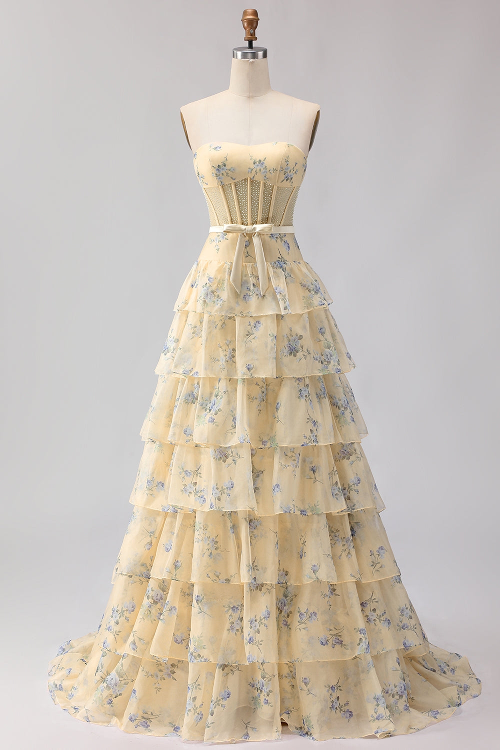 Yellow Blue Floral Strapless Corset Tiered Prom Dress