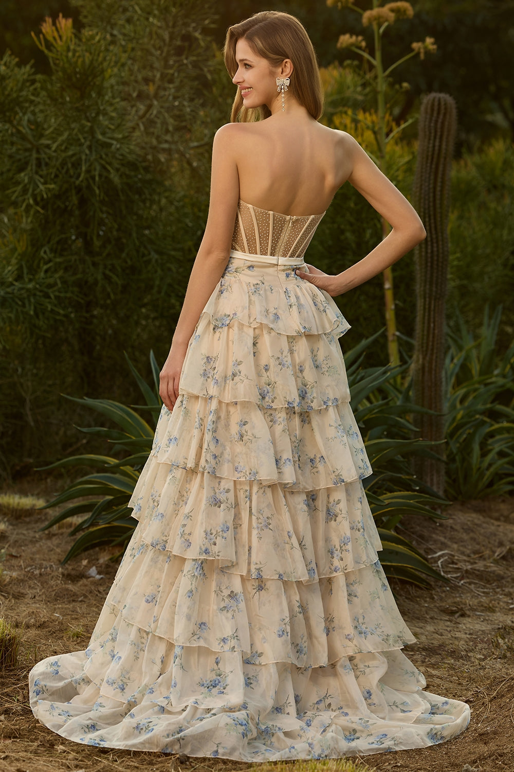 Strapless Pink Red Floral Corset Tiered Maxi Prom Dress