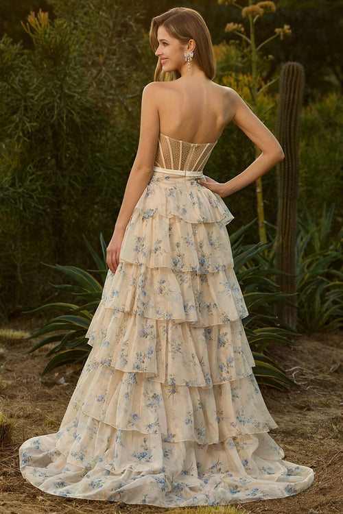 Yellow Blue Floral Strapless Corset Tiered Prom Dress
