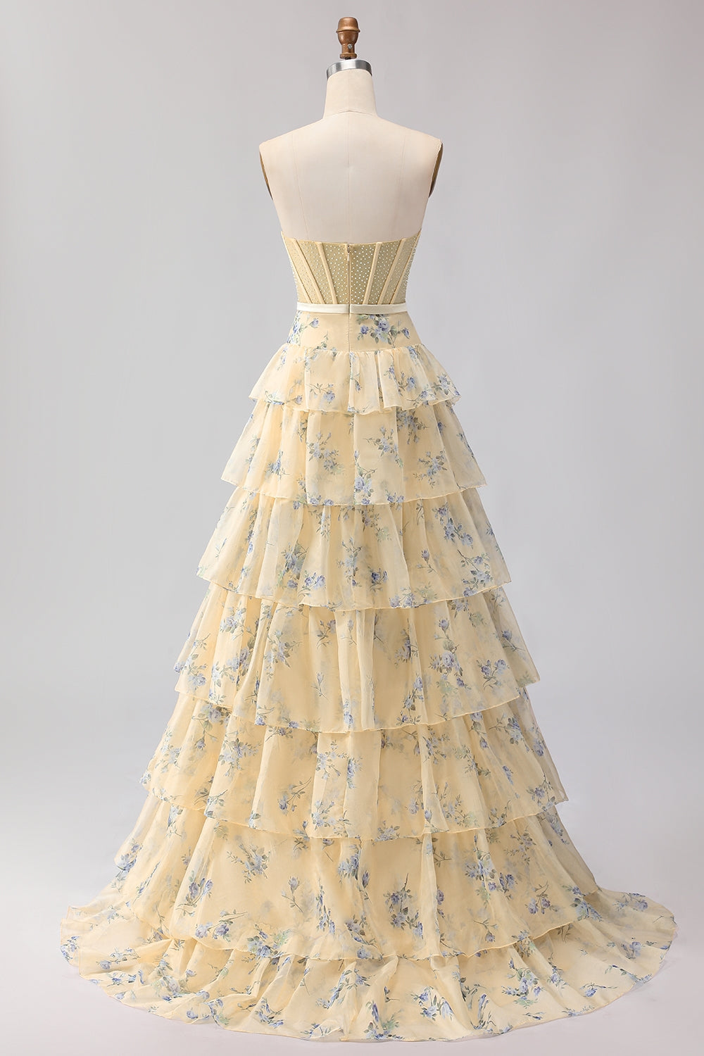 Yellow Blue Floral Strapless Corset A Line Prom Dress