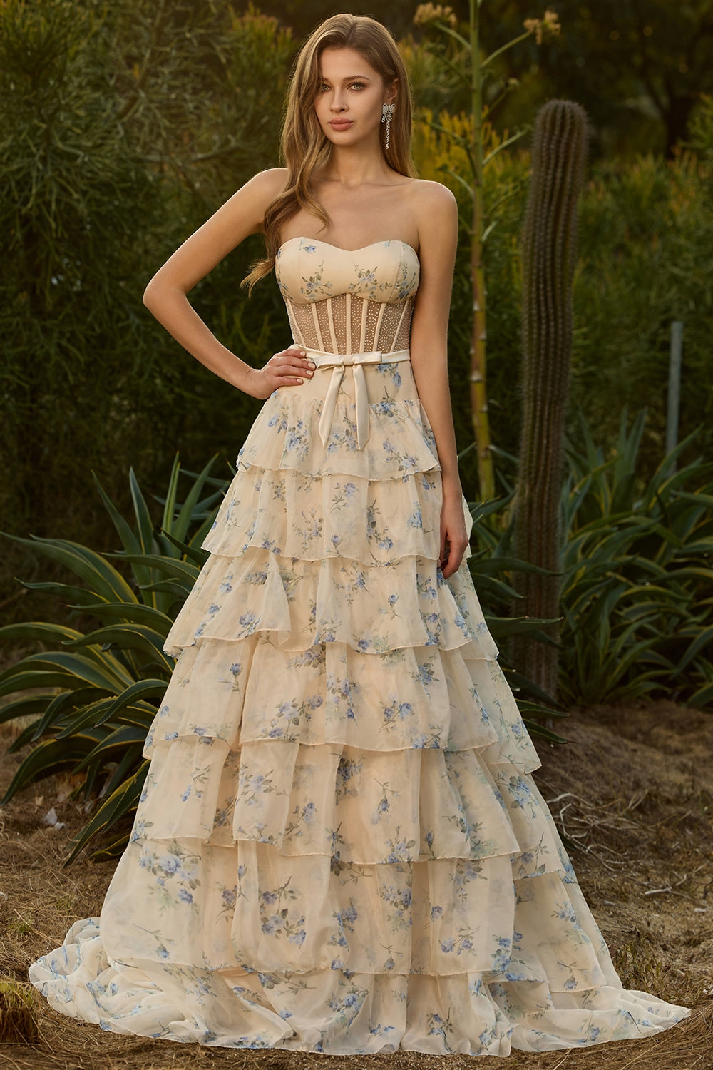 Yellow Blue Floral Strapless Corset A Line Prom Dress