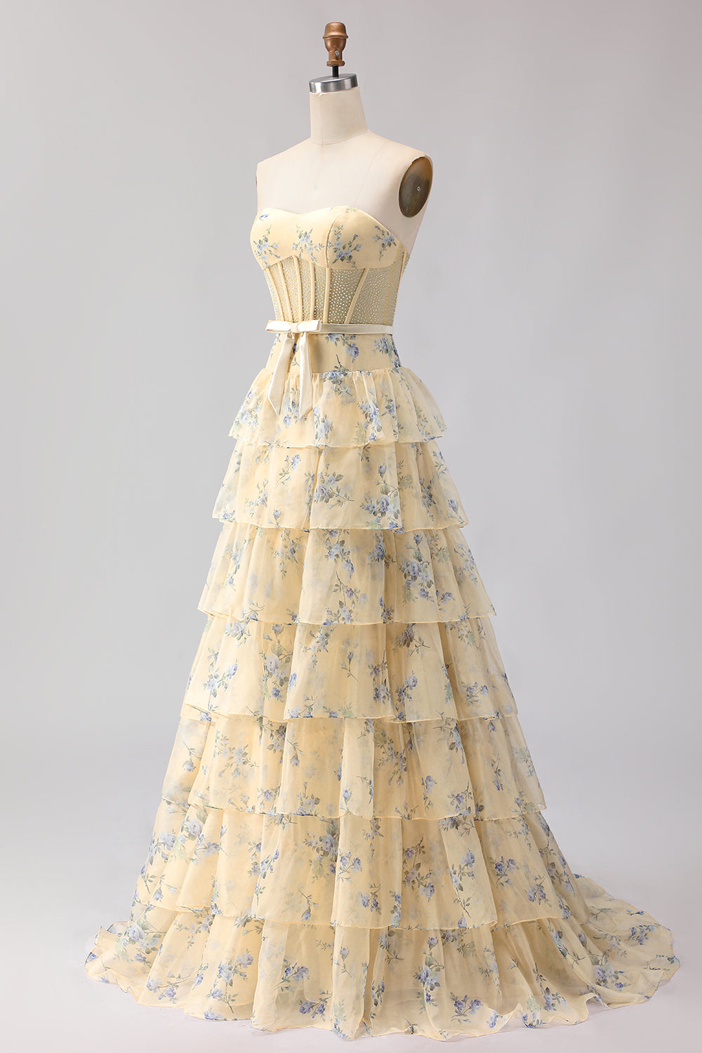Champagne Orange Floral Corset A Line Strapless Prom Dress