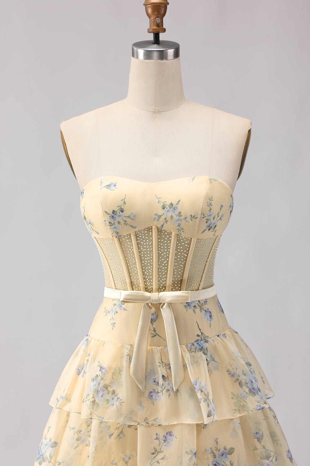 Champagne Orange Floral Corset A Line Strapless Prom Dress