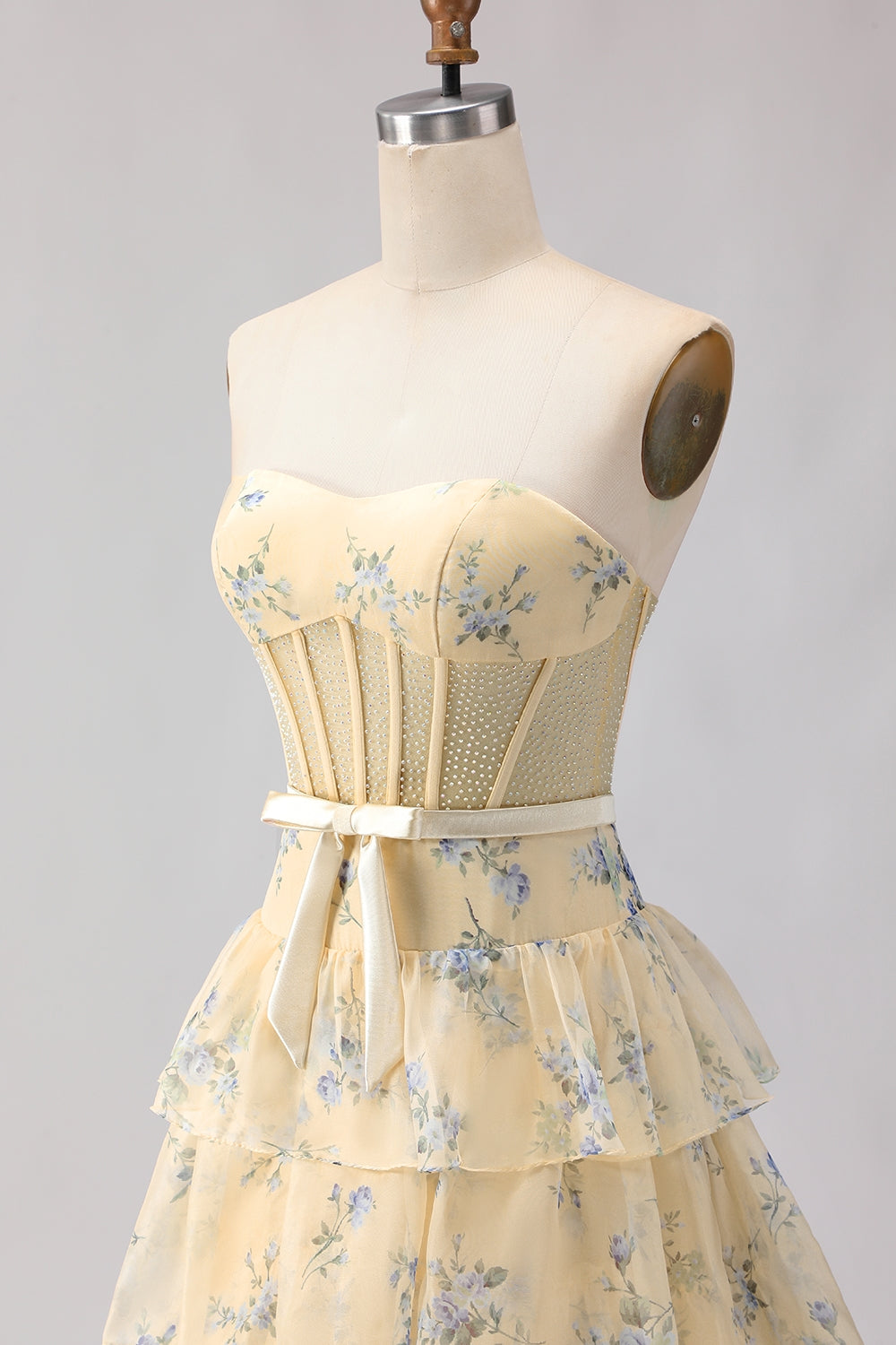 Champagne Orange Floral Corset A Line Strapless Prom Dress