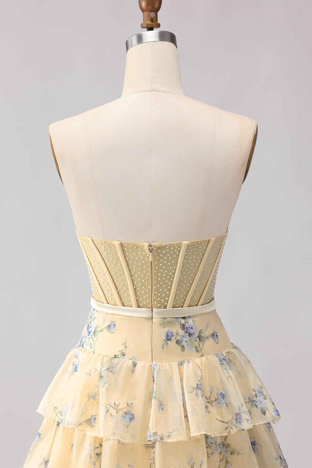 Strapless Pink Floral Corset A-Line Prom Dress With Ruffles