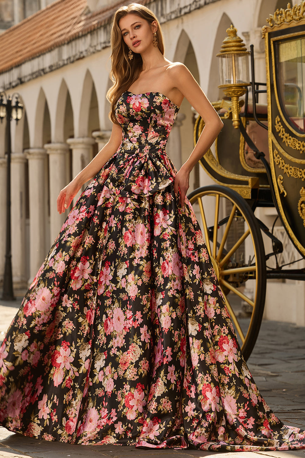 Strapless A Line Black Pink Floral Prom Dress