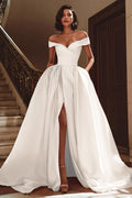 White Off The Shoulder A Line Bridal Gown Dress With Slit