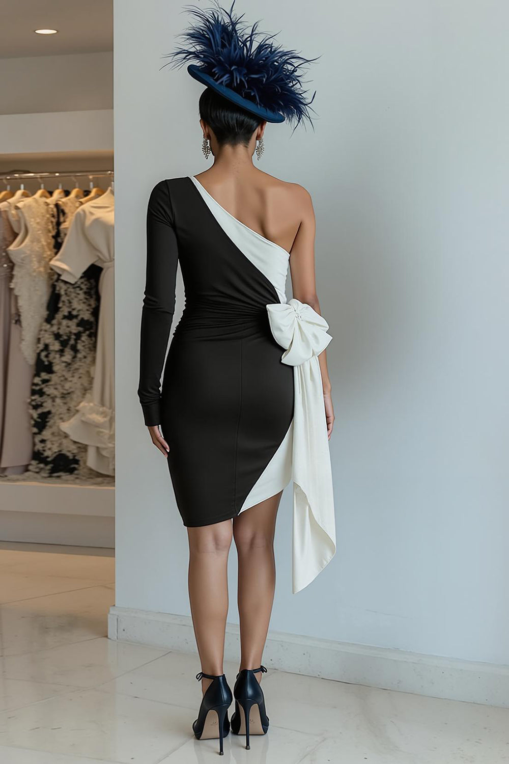 Black and White One Shoulder Bodycon Mini Dress With Bow