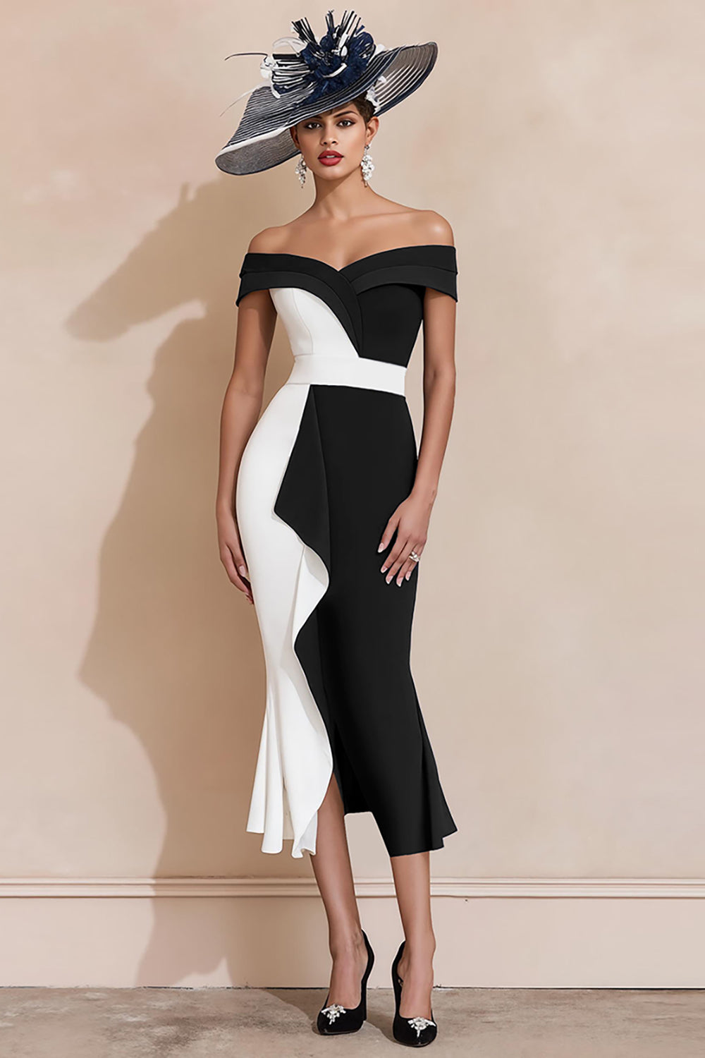 Black and White Off The Shoulder Mermaid Midi Dress