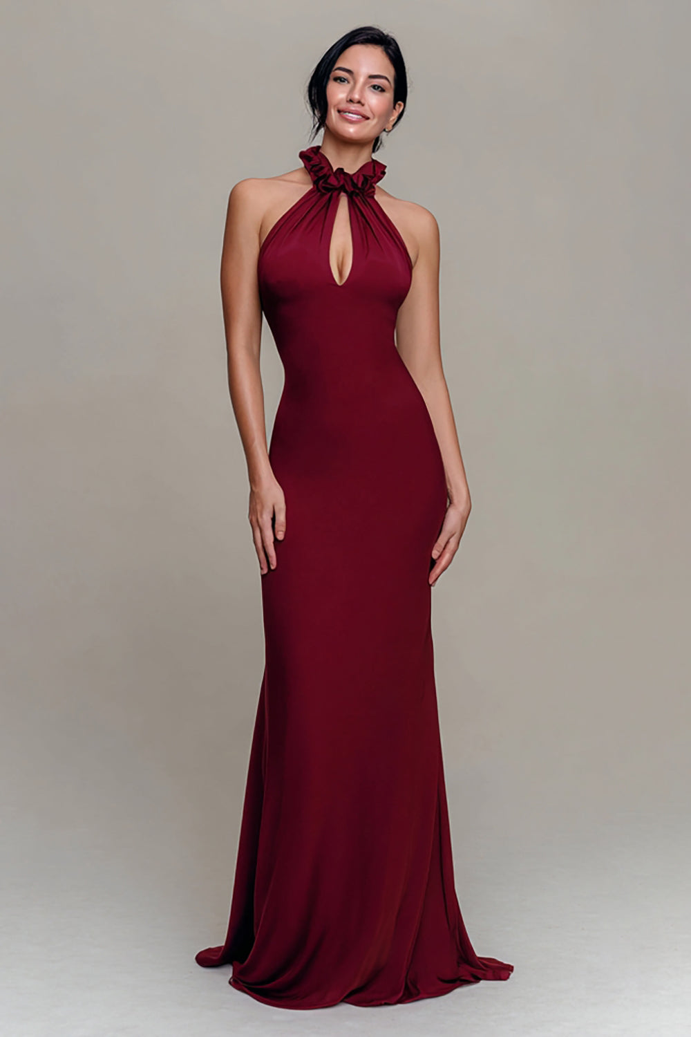Burgundy Sheath Halter Cut Out Formal Dress
