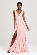 Pink Ruffled A-Line V-Neck Maxi Dress With Slit