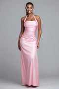 Pink Satin Halter Sheath Long Formal Dress