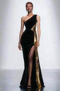 One Shoulder Velvet Sequin Mermaid Black Tie Dress With Slit