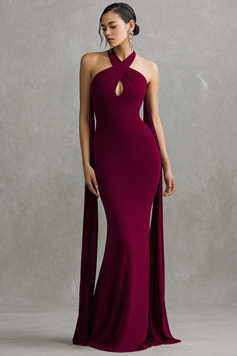 Burgundy Mermaid Halter Long Formal Dress with Sash