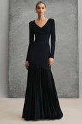 Black Pleated V-Neck Maxi Dress with Long Sleeves