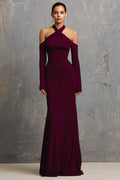 Sheath Halter Burgundy Evening Dress with Long Sleeves
