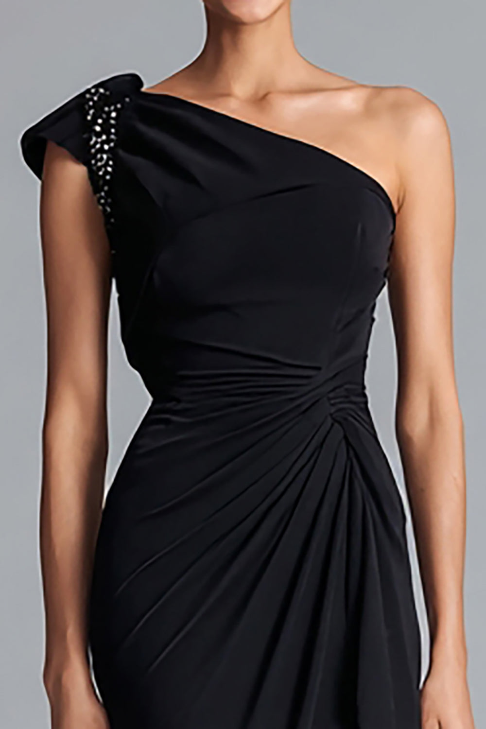 One Shoulder Sheath Ruched Black Tie Dress
