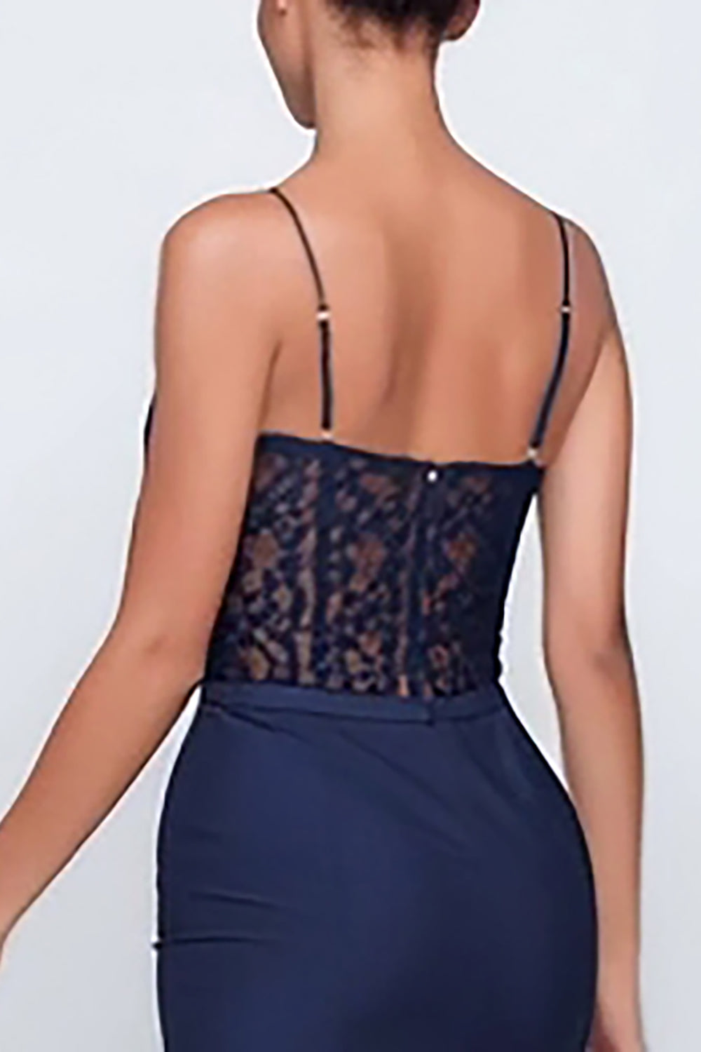 Navy Sheath Spaghetti Straps Lace Formal Dress With Slit