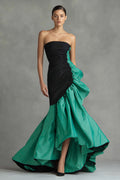 Black and Green Ruched Strapless Ruffled Mermaid Evening Dress