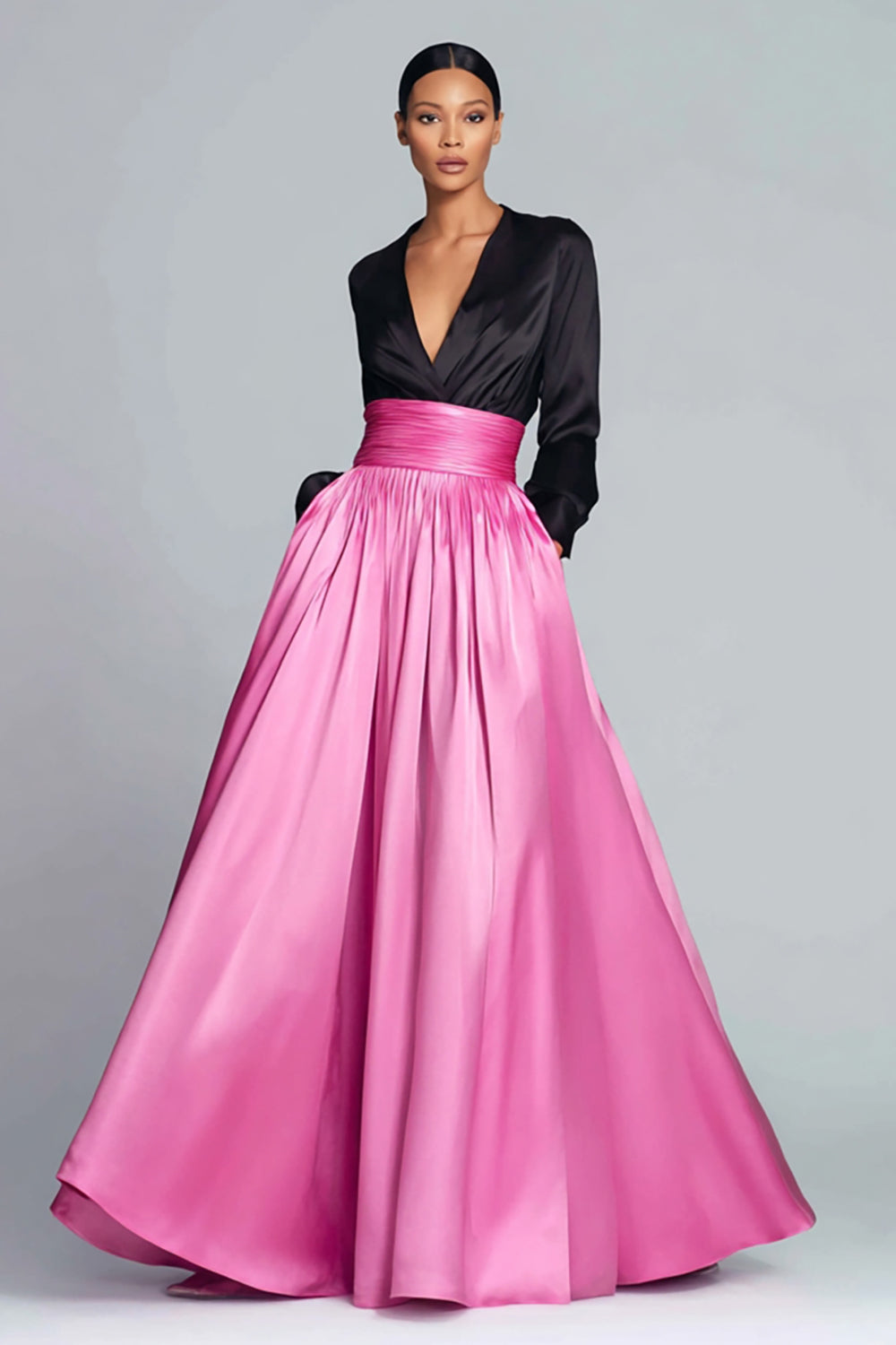 Black and Fuchsia Long Sleeve V-Neck A-Line Formal Dress