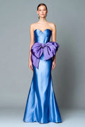 Blue and Tahiti Mermaid Strapless Satin Formal Dress With Bow