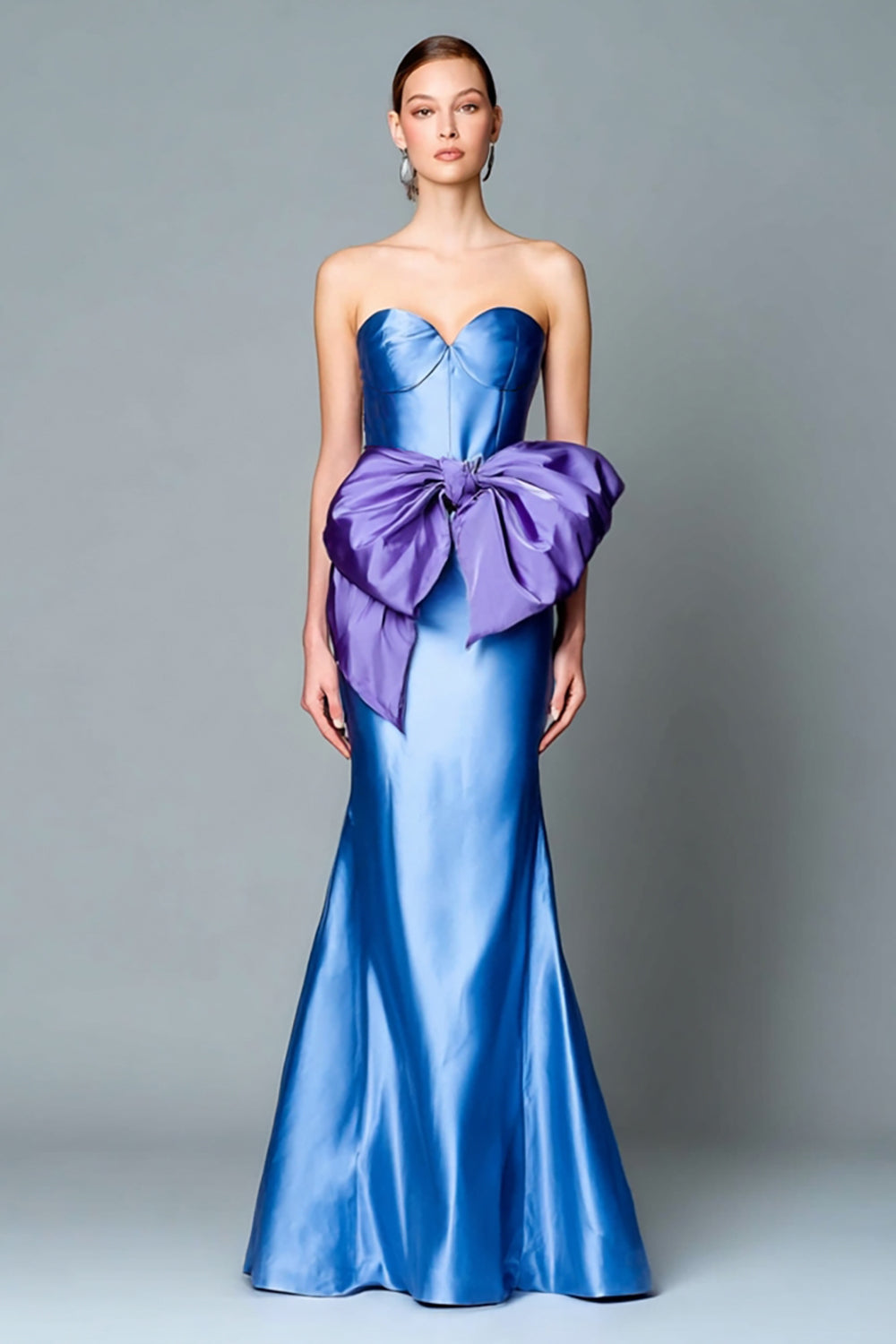 Blue and Tahiti Mermaid Strapless Satin Formal Dress With Bow