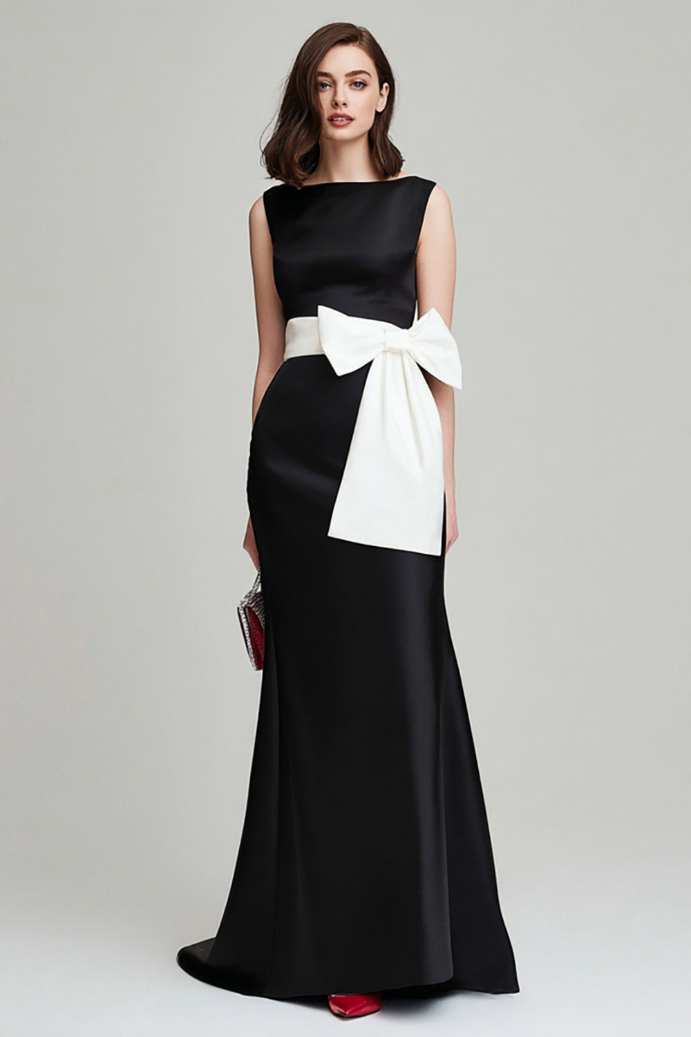 Black and White Sheath Long Formal Dress With Bow