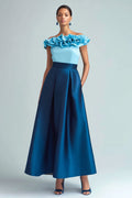 Light Blue and Dark Blue Colorblock Off The Shoulder A-Line Formal Dress With Ruffles