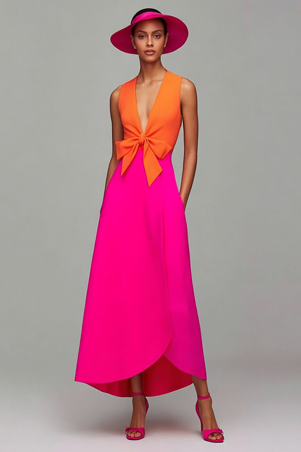 Orange and Fuchsia V-Neck A-Line Formal Dress With Bow