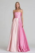 Pink Satin A-Line Strapless Ruched Long Formal Dress
