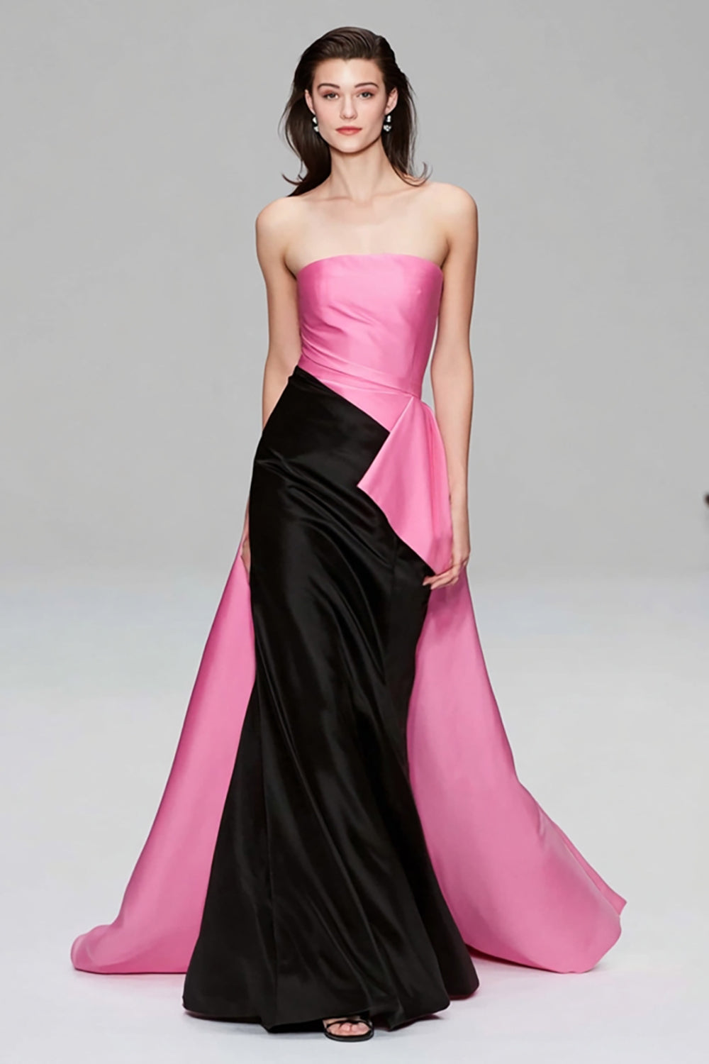 Black and Pink Strapless Mermaid Formal Dress With Train Cape