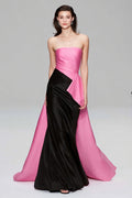 Black and Pink Strapless Mermaid Formal Dress With Train Cape