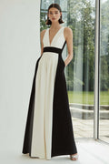 Black and White A-Line V-Neck Formal Dress