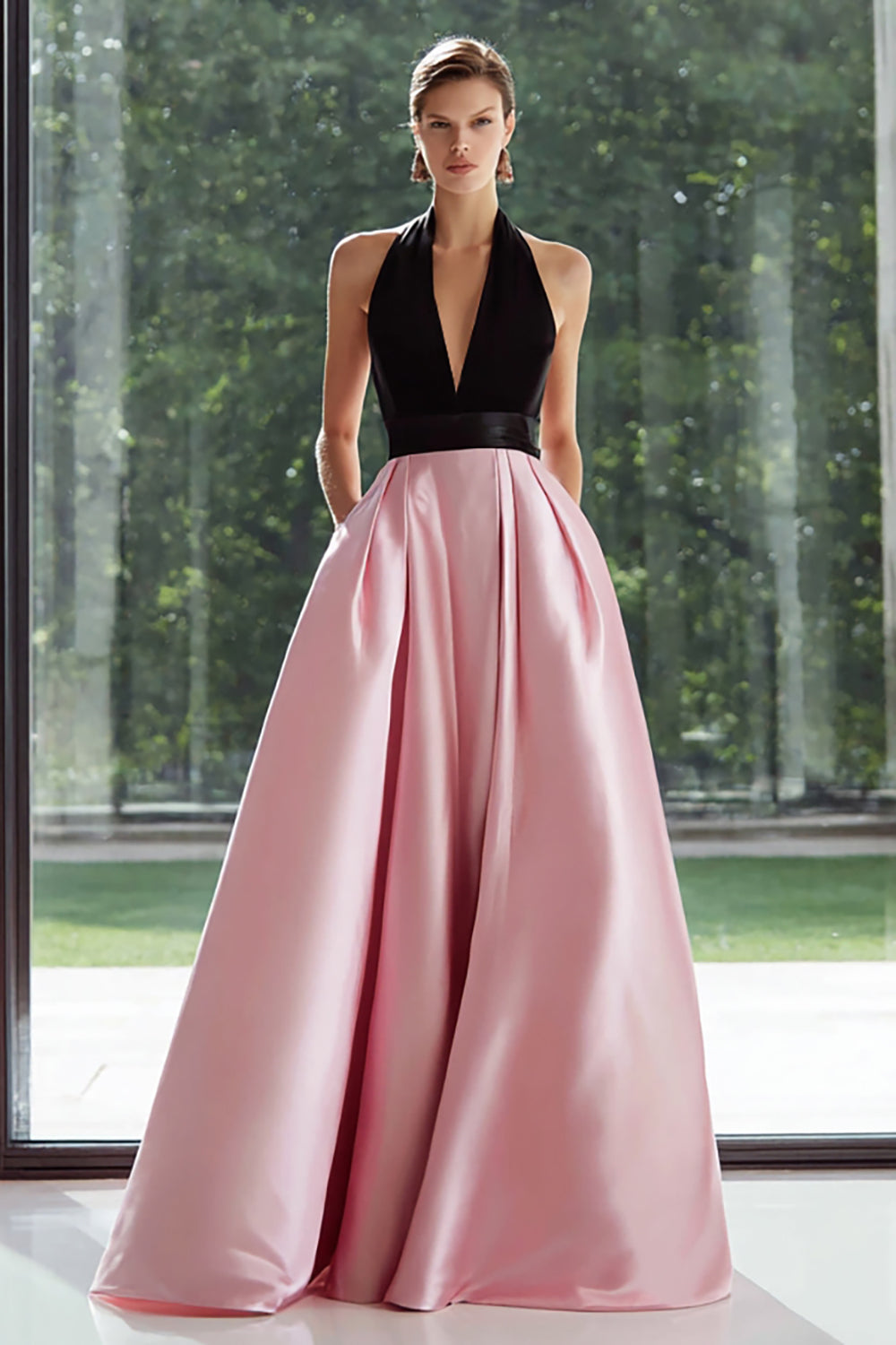 Black and Pink Halter A-Line Maxi Formal Dress