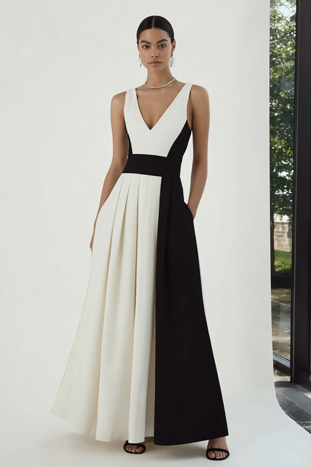 Black and White V-Neck A-Line Long Formal Dress