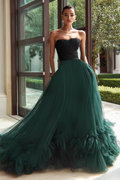 Strapless Black and Green A-Line Prom Dress With Ruffles