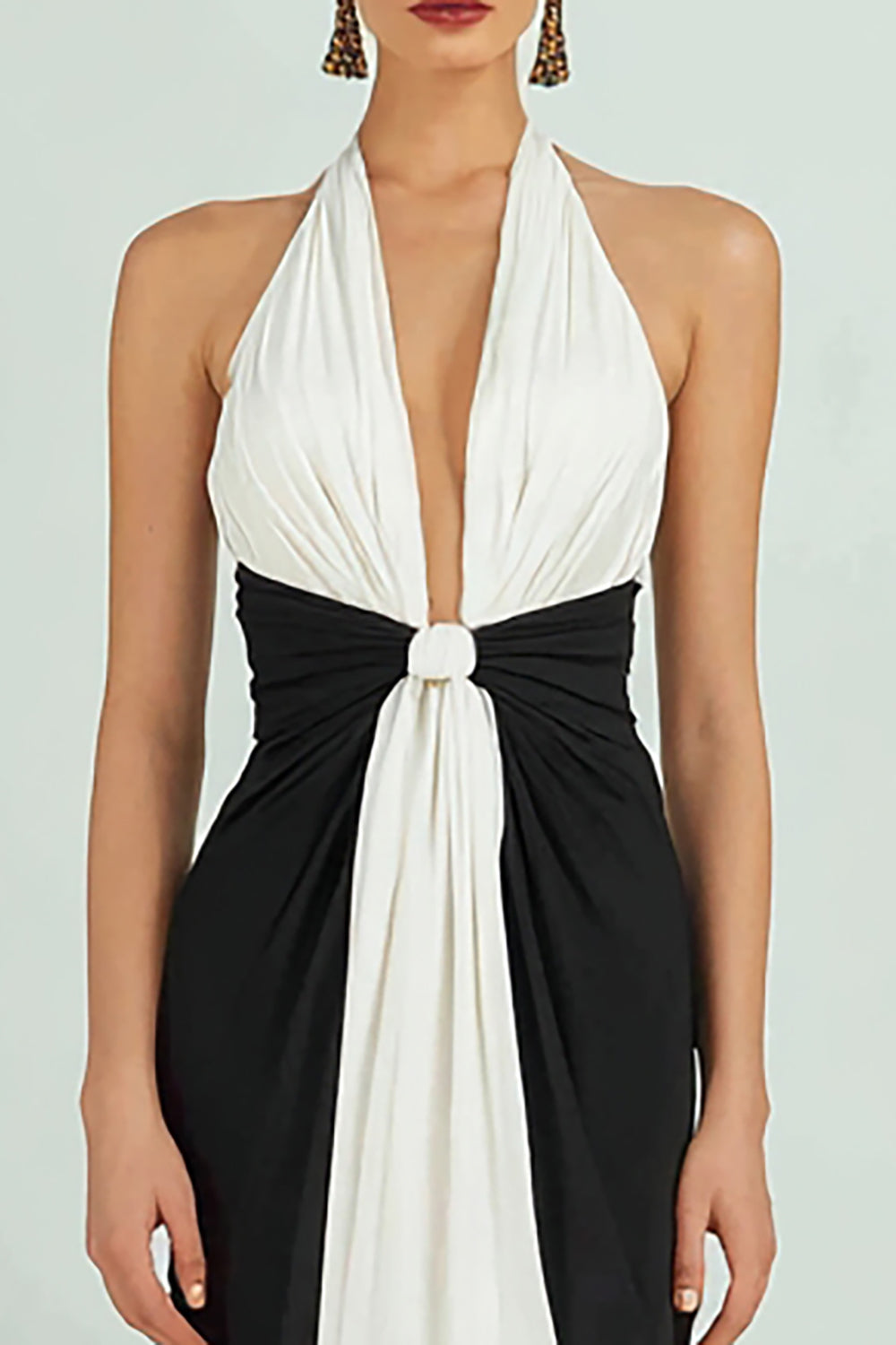 Halter Sheath Black and White Long Formal Dress