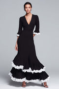 Ruffled Mermaid Black and White V-Neck Formal Dress