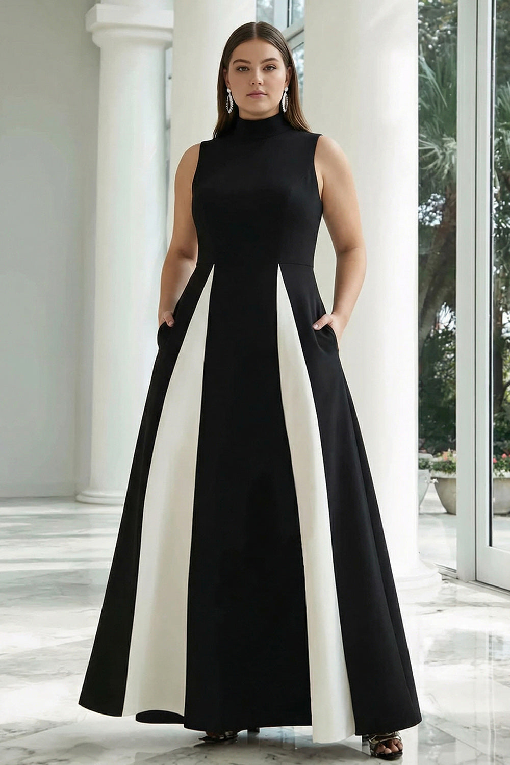 Black and White A-Line High Neck Plus Size Formal Dress