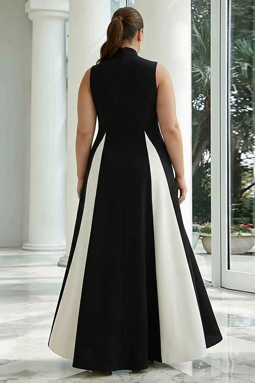 Black and White A-Line High Neck Plus Size Formal Dress
