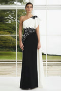 One Shoulder Sheath Black and White Formal Dress With Appliques