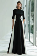 Black and White A-Line Long Formal Dress with Half Sleeves