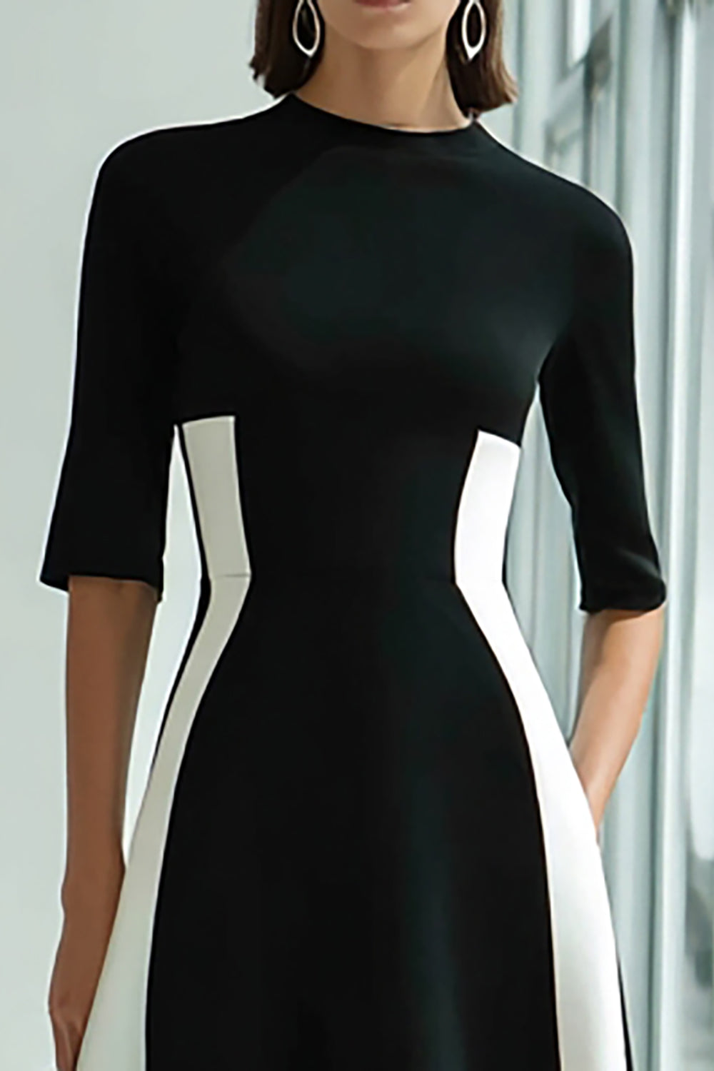 Black and White A-Line Long Formal Dress with Half Sleeves