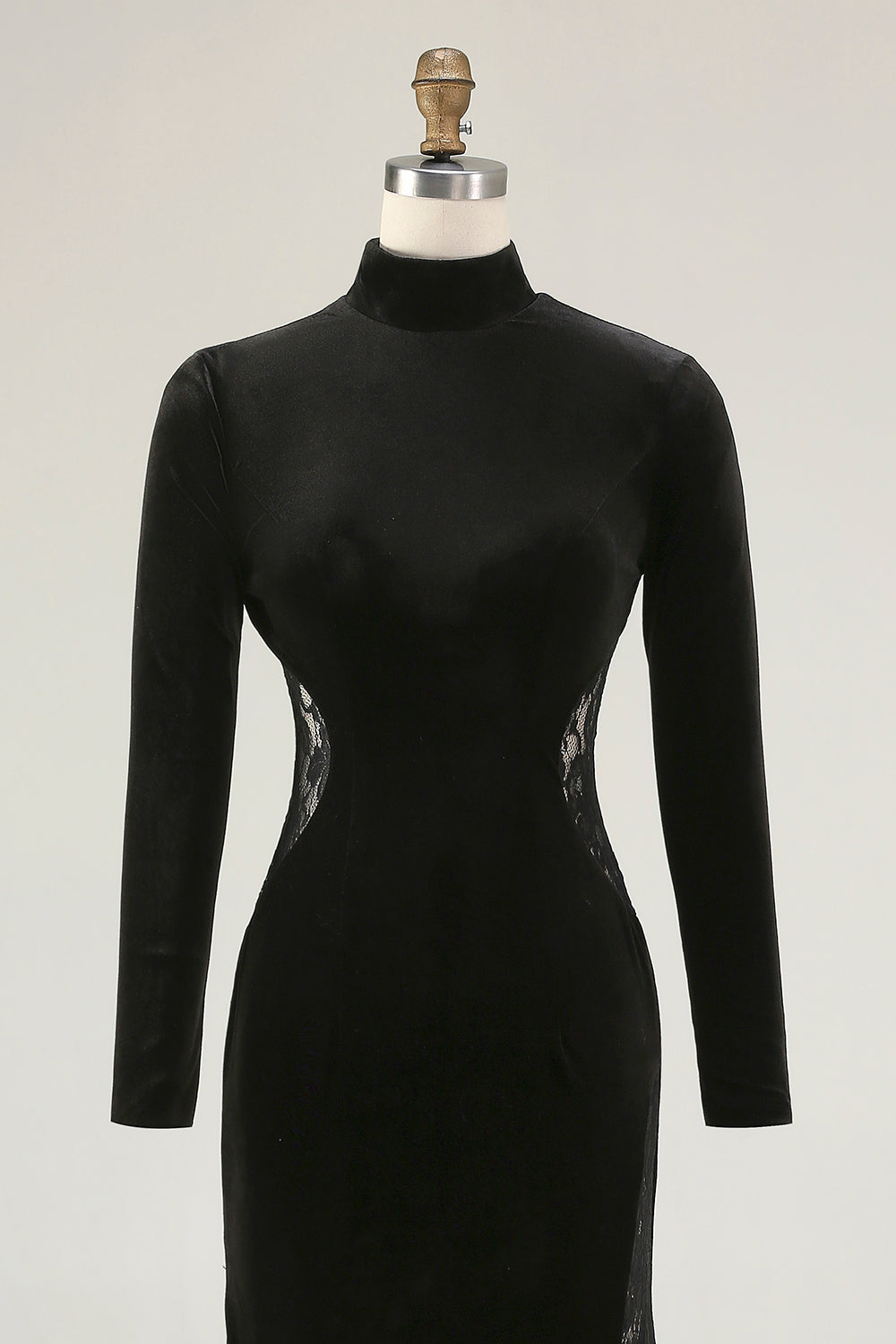 Mermaid Velvet High Neck Black Tie Dress With Lace