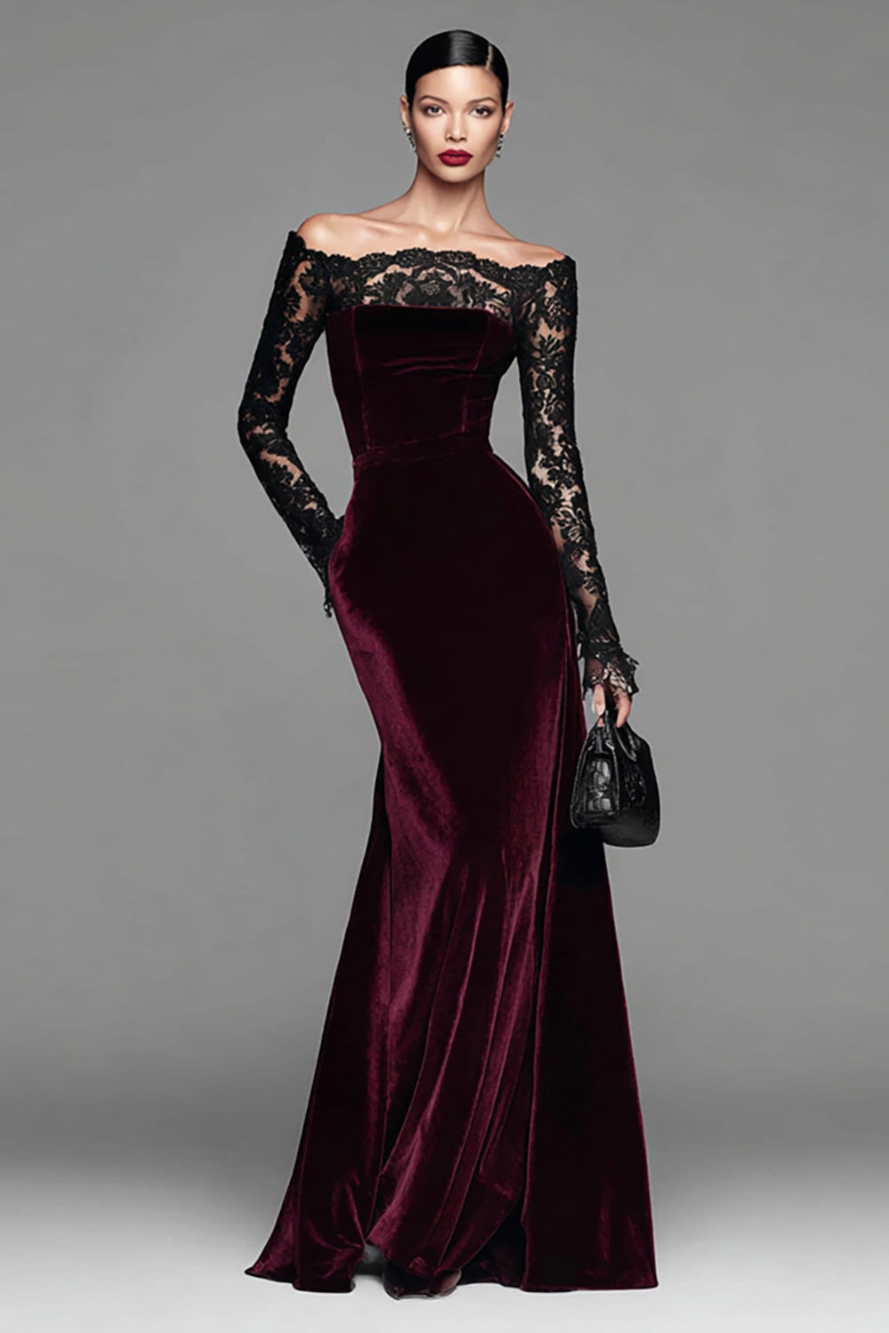 Burgundy Velvet Off The Shoulder Mermaid Formal Dress with Long Sleeves