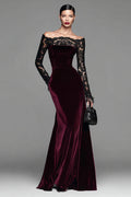 Burgundy Velvet Off The Shoulder Mermaid Formal Dress with Long Sleeves
