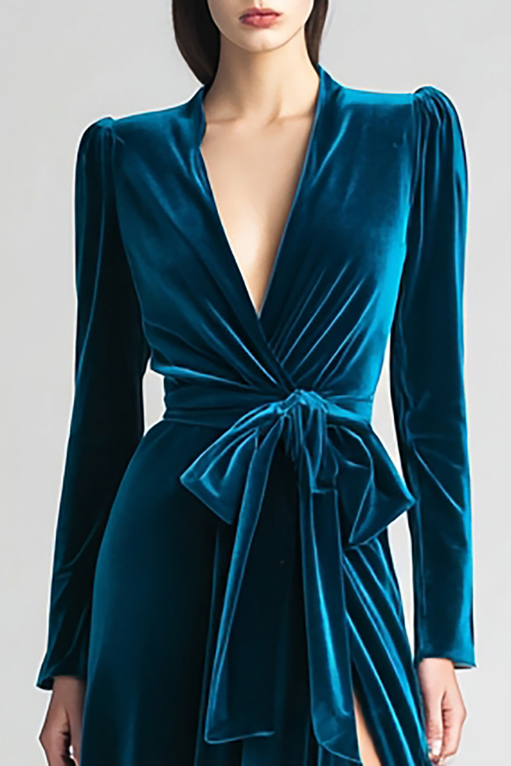 Dark Green Velvet Long Sleeve Formal Dress With Slit